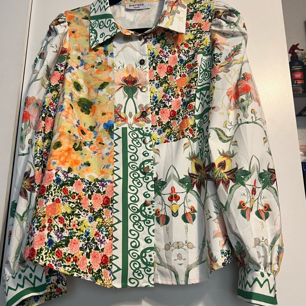 Everlynn Patchwork Floral Print Blouse Puff Sleeve Button Down Top Size L